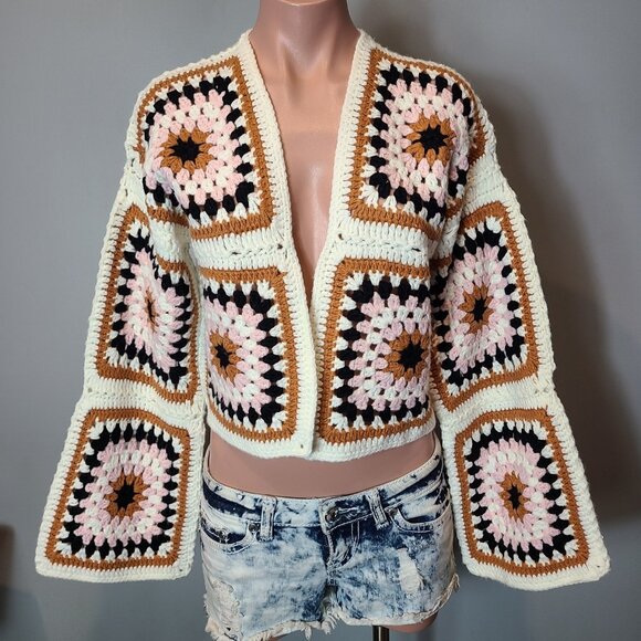 DREAMERS BY DEBUT Crochet Granny Square Cardigan Boho Retro Gypsy Grunge S/M - Picture 1 of 9